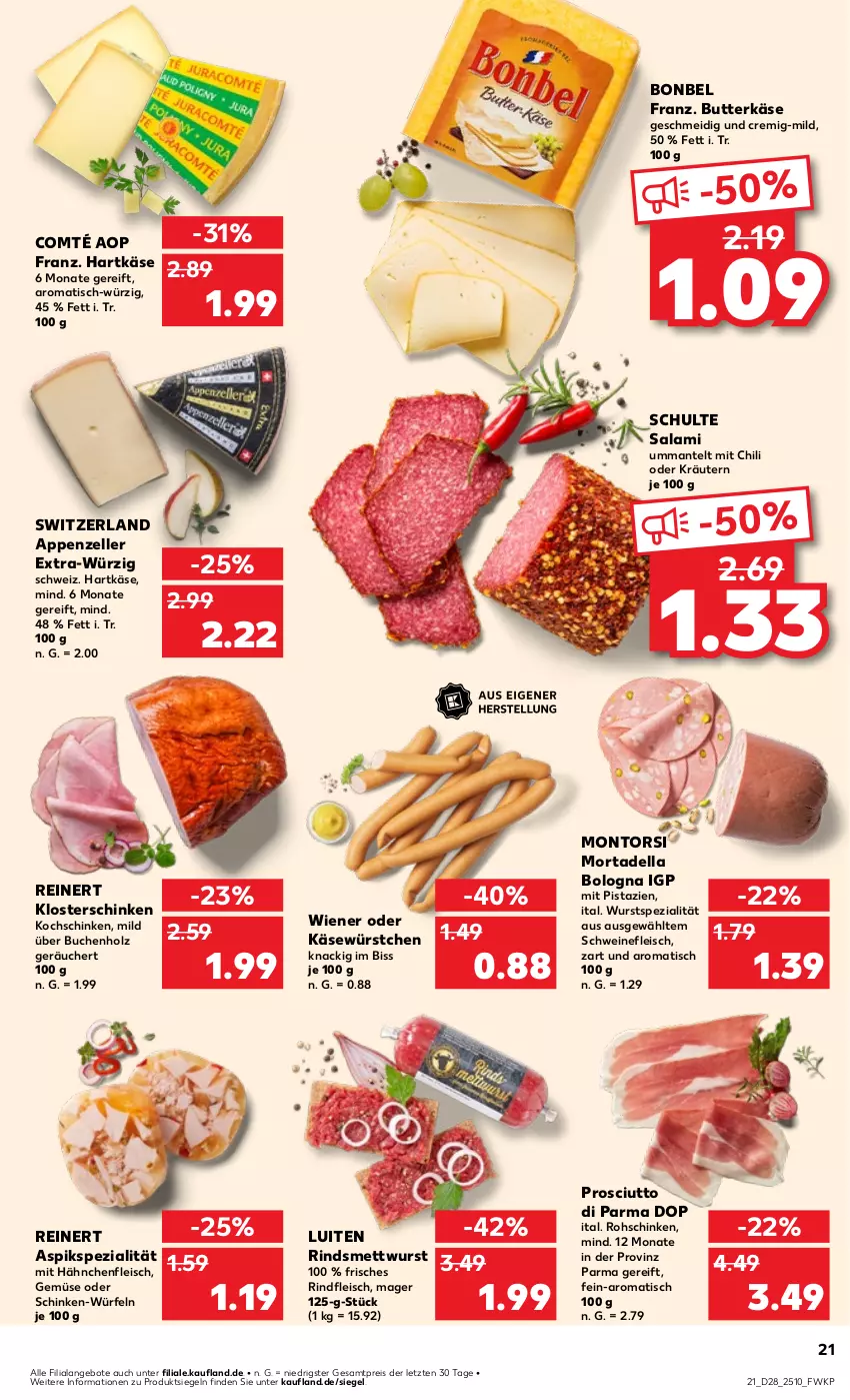 Aktueller Prospekt Kaufland - Prospekt - von 11.07 bis 17.07.2024 - strona 21 - produkty: angebot, angebote, appenzeller, bonbel, buch, butter, butterkäse, chili, comté, dell, eis, elle, fleisch, Hähnchenfleisch, hartkäse, Holz, Käse, kochschinken, kräuter, kräutern, Mantel, Mett, mettwurst, mit pistazien, montorsi, mortadella, oder kräuter, pistazien, prosciutto, Prosciutto di Parma, reinert, reis, rind, rindfleisch, rohschinken, salami, schinken, Schinken-Würfel, schwein, schweine, schweinefleisch, Spezi, Ti, tisch, wein, weine, wiener, würfel, wurst, würstchen, ZTE