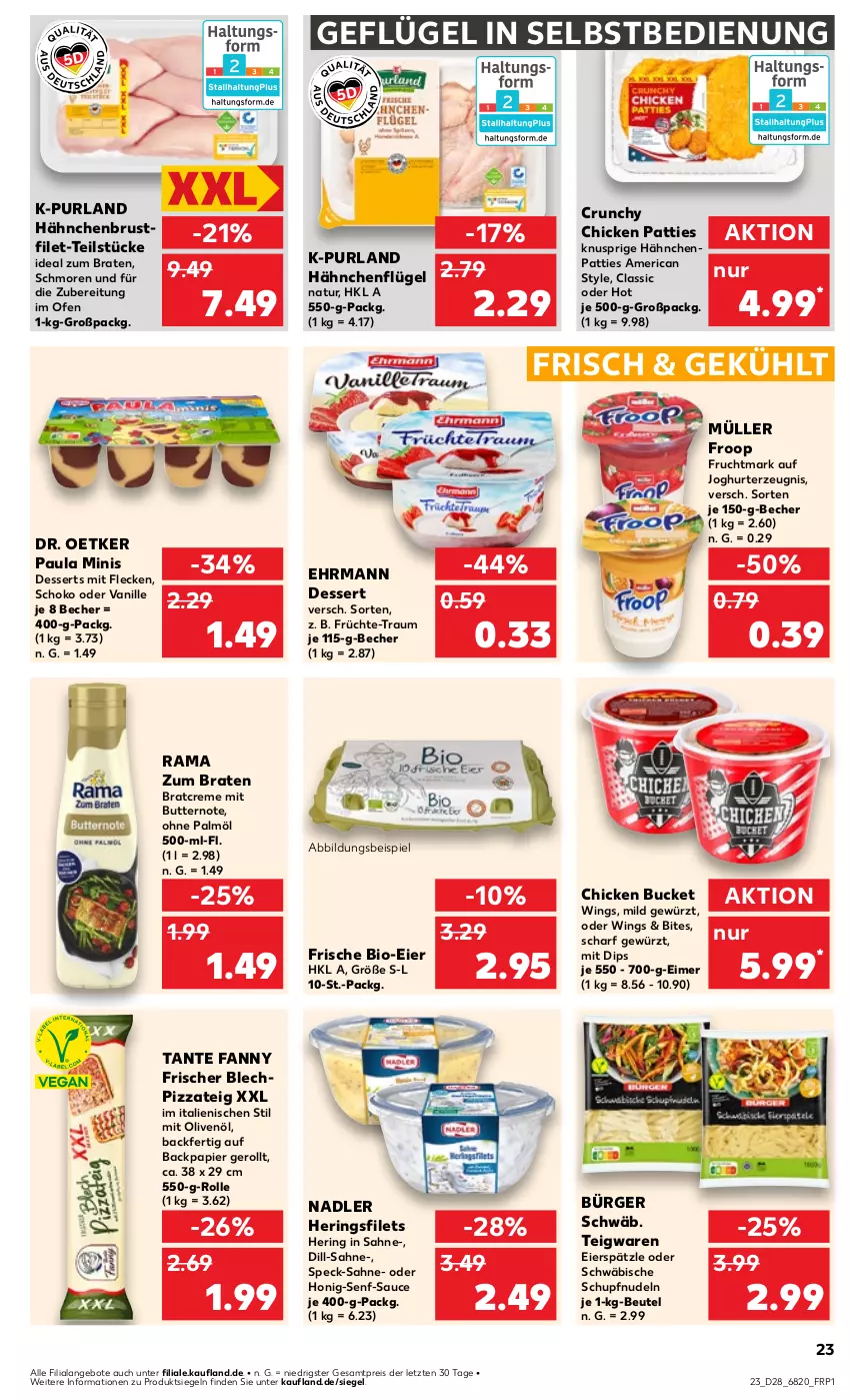 Aktueller Prospekt Kaufland - Prospekt - von 11.07 bis 17.07.2024 - strona 23 - produkty: angebot, angebote, Becher, beutel, bio, bites, braten, brustfilet, butter, creme, dessert, desserts, dip, Dr. Oetker, ehrmann, eier, eierspätzle, eimer, eis, filet, filets, froop, frucht, früchte, Fruchtmark, Geflügel, gewürz, hähnchenbrust, hähnchenbrustfilet, hähnchenflügel, hering, Herings, heringsfilets, honig, Honig-Senf, HP, ideal zum braten, joghur, joghurt, Müller, müller froop, nadler, natur, nudel, nudeln, Ofen, ohne palmöl, olive, oliven, olivenöl, papier, Paula, pizza, Pizzateig, purland, rama, reis, ring, sahne, sauce, schoko, senf, Speck, tante fanny, teigwaren, Ti, vanille, ZTE