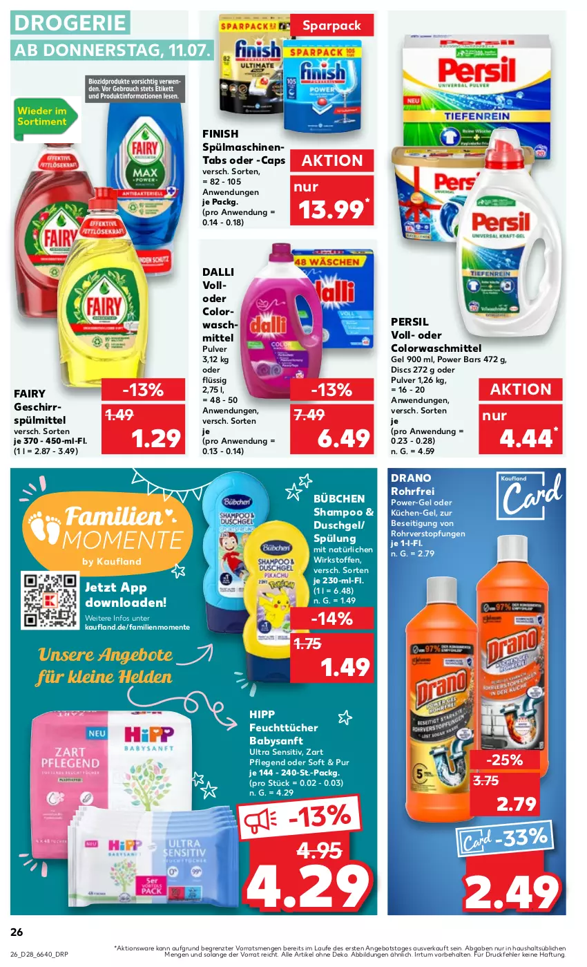 Aktueller Prospekt Kaufland - Prospekt - von 11.07 bis 17.07.2024 - strona 26 - produkty: angebot, angebote, bübchen, Cap, colorwaschmittel, dalli, duschgel, ente, fairy, feuchttücher, Finish, geschirr, geschirrspülmittel, hipp, küche, Küchen, leine, persil, power-gel, shampoo, spülmaschinen, spülmaschinentabs, spülmittel, spülung, Ti, topf, tücher, waschmittel, ZTE