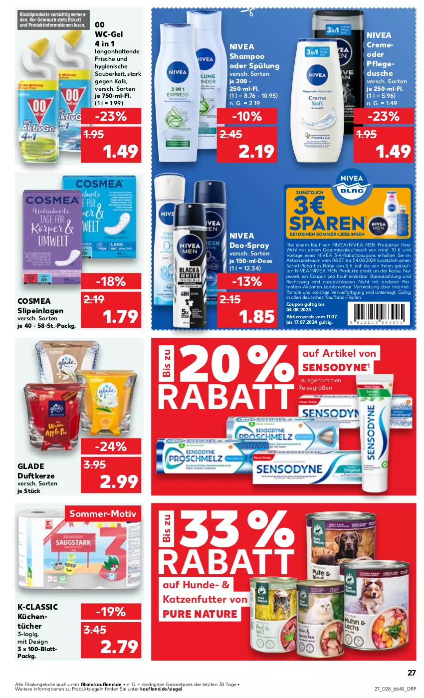 Aktueller Prospekt Kaufland - Prospekt - von 11.07 bis 17.07.2024 - strona 27 - produkty: aktionspreis, angebot, angebote, Brei, cosmea, coupon, coupons, creme, deo, Duftkerze, dusche, eis, Glade, katzenfutter, kerze, küche, Küchen, küchentücher, natur, nivea, Nivea Men, pflegedusche, reis, sensodyne, shampoo, shampoo oder spülung, slip, slipeinlagen, sofort-rabatt, spülung, Ti, tücher, wc-gel, ZTE