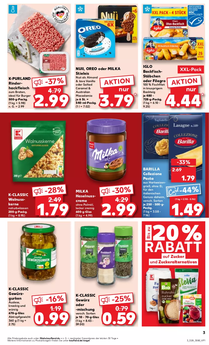 Aktueller Prospekt Kaufland - Prospekt - von 11.07 bis 17.07.2024 - strona 3 - produkty: angebot, angebote, aust, backfisch, barilla, braten, burger, caramel, creme, eis, filegro, filet, fisch, fischstäbchen, fleisch, gewürz, Gewürzgurke, gewürzgurken, gurke, gurken, hackfleisch, hartweizen, haselnuss, Haselnusscreme, iglo, mac, macadamia, milka, natur, nuii, nuss, ohne palmöl, oreo, pasta, purland, reis, rind, rinder, rinderhackfleisch, stieleis, Ti, walnuss, walnusskerne, ZTE, zucker