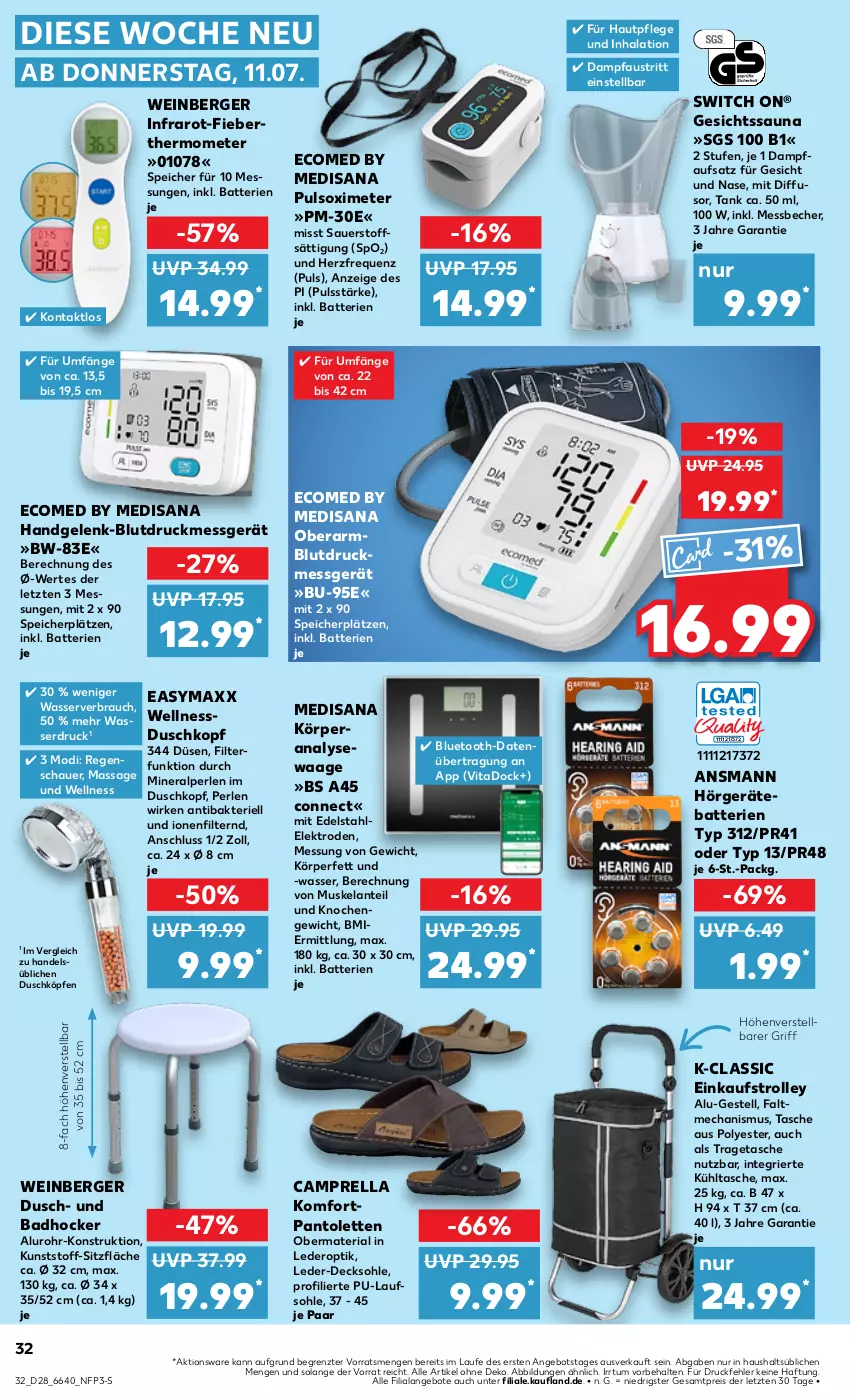 Aktueller Prospekt Kaufland - Prospekt - von 11.07 bis 17.07.2024 - strona 32 - produkty: Analysewaage, angebot, angebote, auer, aust, Bad, batterie, batterien, Becher, Berger, Blutdruckmessgerät, decksohle, easymaxx, edelstahl, eis, Elan, Elektro, Fieberthermometer, Hautpflege, hocker, isana, kühltasche, medisana, Messbecher, pantolette, pantoletten, perlen, Pfau, Rana, Rauch, reis, rel, Ria, sana, ssd, Tasche, thermometer, Ti, tragetasche, trolley, vita, Waage, wasser, wein, ZTE