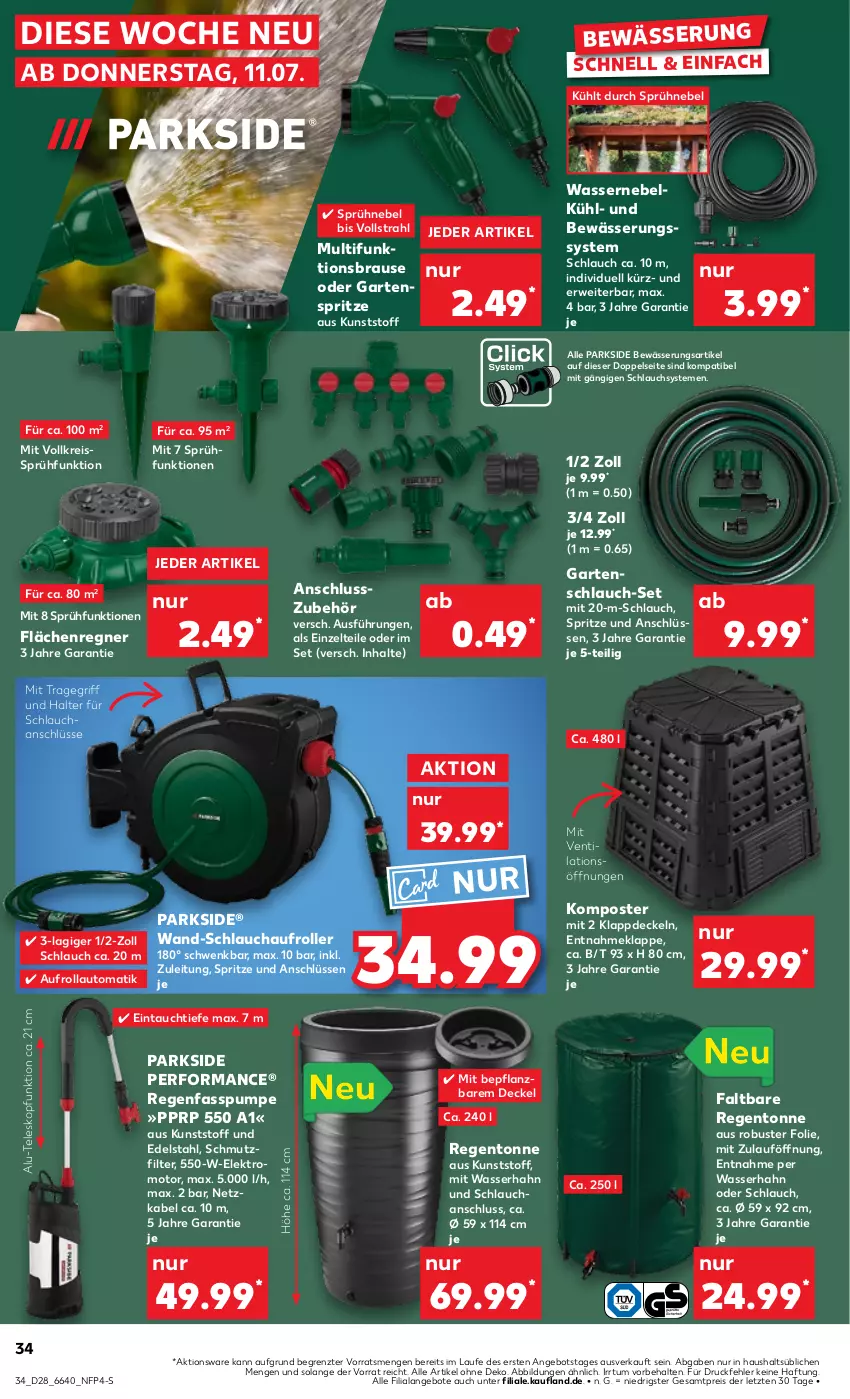 Aktueller Prospekt Kaufland - Prospekt - von 11.07 bis 17.07.2024 - strona 34 - produkty: angebot, angebote, auto, brause, decke, Deckel, edelstahl, eis, Elektro, Garten, gartenschlauch, Komposter, Parkside, reis, reiss, Roller, rwe, schlauch, Teleskop, Ti, tragegriff, wasser, Zelt, ZTE