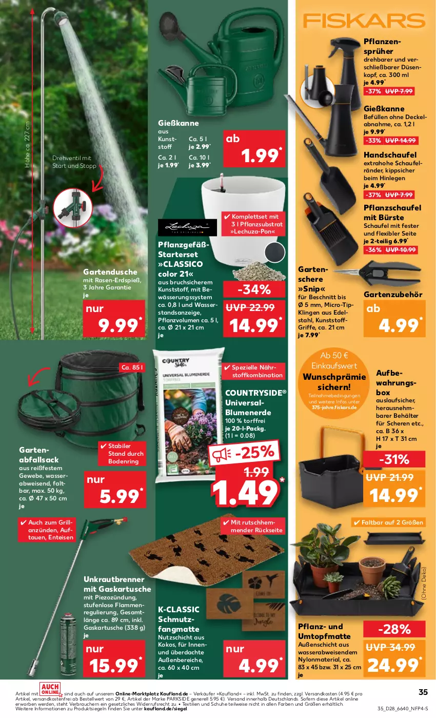 Aktueller Prospekt Kaufland - Prospekt - von 11.07 bis 17.07.2024 - strona 35 - produkty: aufbewahrungsbox, Behälter, blume, blumen, blumenerde, bürste, classico, decke, Deckel, dusche, edelstahl, eis, elle, ente, erde, fiskars, Garten, Gartendusche, Gartenschere, Gießkanne, grill, HP, kokos, Kraut, lamm, ndk, Parkside, pflanze, pflanzen, rasen, Rauch, rel, Ria, ring, sac, Schere, schmutzfangmatte, schuhe, Spezi, Ti, topf, versandkostenfrei, wasser