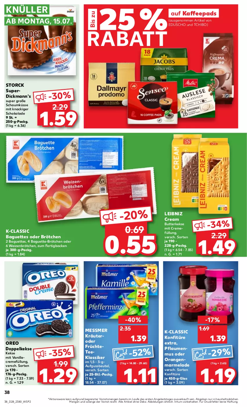 Aktueller Prospekt Kaufland - Prospekt - von 11.07 bis 17.07.2024 - strona 38 - produkty: angebot, baguette, baguettes, beutel, brötchen, butter, butterkeks, creme, Dickmann's, Doppelkekse, eduscho, früchte, Früchtetee, kaffee, kaffeepads, keks, kekse, konfitüre, konfitüre extra, kräuter, leibniz, marmelade, orange, orangen, oreo, pflaume, pflaumen, pflaumenmus, schoko, schokolade, storck, Tchibo, tee, Ti, vanille, weizenbrötchen, ZTE