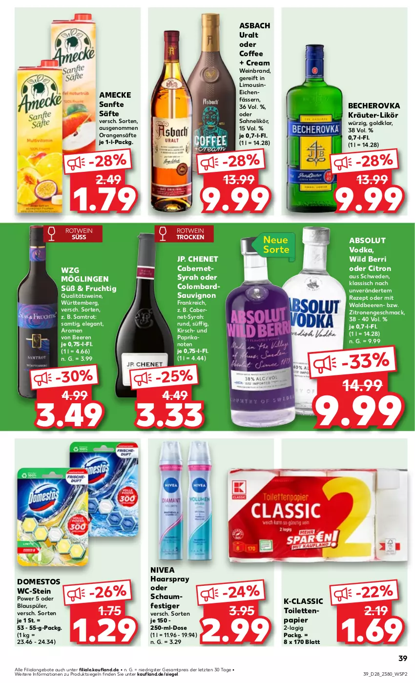 Aktueller Prospekt Kaufland - Prospekt - von 11.07 bis 17.07.2024 - strona 39 - produkty: Absolut Vodka, amecke, angebot, angebote, asbach uralt, Becher, Becherovka, beere, beeren, cabernet, domestos, eis, frucht, haarspray, hero, kirsch, kräuter, likör, limo, mac, nivea, oder schaumfestiger, orange, orangen, papier, paprika, qualitätswein, qualitätsweine, reis, rezept, rotwein, säfte, sahne, sauvignon, schaumfestiger, Ti, toilettenpapier, vodka, wein, weinbrand, weine, Wild, zitrone, zitronen, ZTE