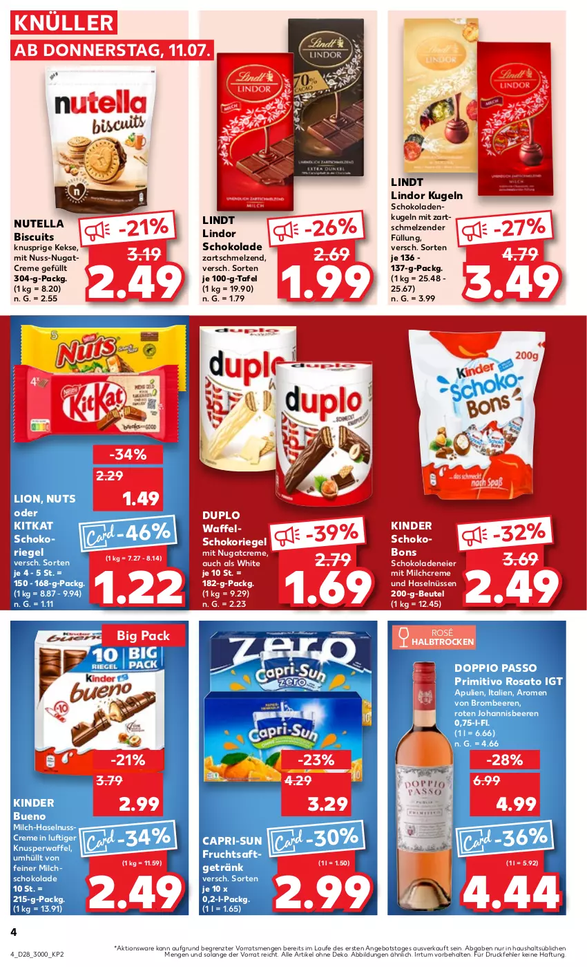 Aktueller Prospekt Kaufland - Prospekt - von 11.07 bis 17.07.2024 - strona 4 - produkty: angebot, beere, beeren, beutel, brombeere, brombeeren, Cap, capri-sun, creme, doppio passo, duplo, eier, frucht, fruchtsaft, fruchtsaftgetränk, getränk, haselnuss, Haselnusscreme, johannisbeere, Johannisbeeren, keks, kekse, Kinder, kinder bueno, Kinder Schokobons, kitkat, Kugel, lindor, lindt, lion, milch, nuss, nutella, passo, primitivo, riegel, rosato, saft, schoko, schokolade, schokoladen, schokoriegel, Ti, ZTE