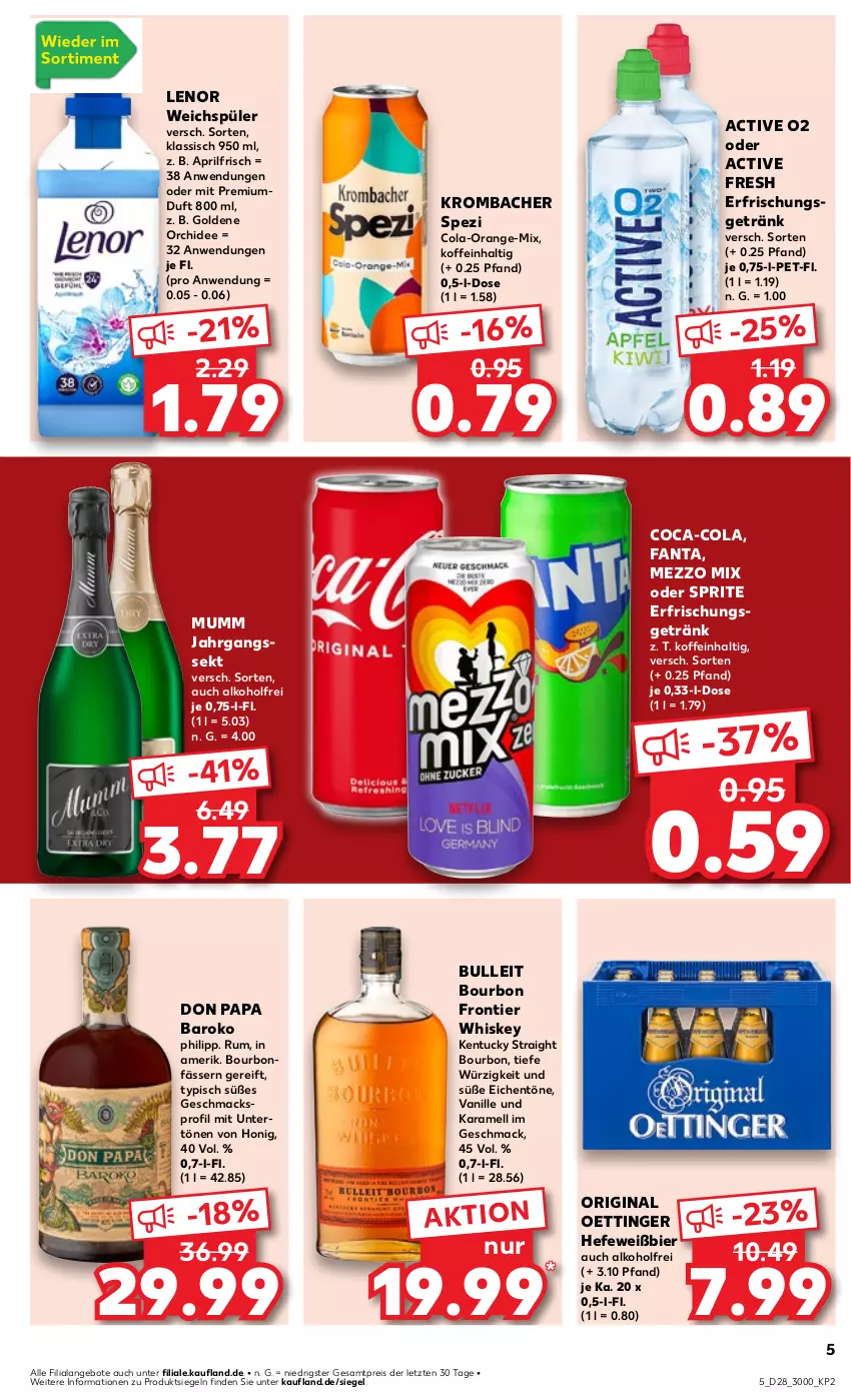 Aktueller Prospekt Kaufland - Prospekt - von 11.07 bis 17.07.2024 - strona 5 - produkty: alkohol, angebot, angebote, bier, bourbon, coca-cola, cola, eis, erfrischungsgetränk, fanta, getränk, gin, Hefe, honig, jahrgangssekt, karamell, kentucky straight, krombache, krombacher, lenor, lenor weichspüler, mac, Mezzo Mix, mumm, oder sprite, oettinger, orange, orchidee, pril, reis, rum, sekt, Spezi, sprite, Ti, tuc, vanille, weichspüler, whiskey, ZTE