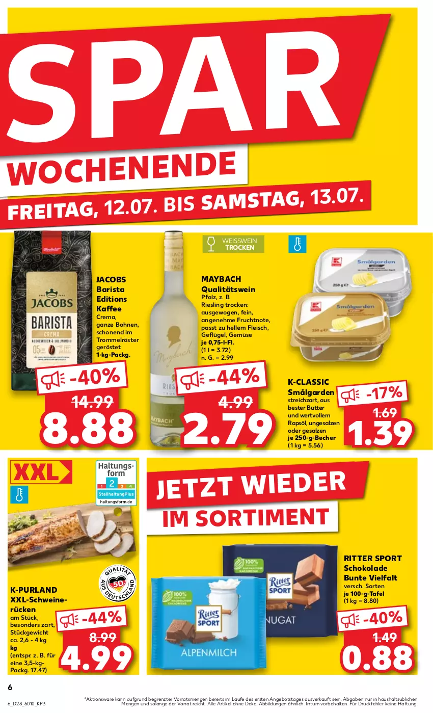 Aktueller Prospekt Kaufland - Prospekt - von 11.07 bis 17.07.2024 - strona 6 - produkty: angebot, Becher, bohne, bohnen, butter, eis, elle, fleisch, frucht, Geflügel, jacobs, kaffee, LG, maybach, purland, qualitätswein, rapsöl, riesling, ritter, ritter sport, salz, schoko, schokolade, schwein, schweine, schweinerücken, Sport, Streichzart, Ti, trommel, wein, weine, ZTE