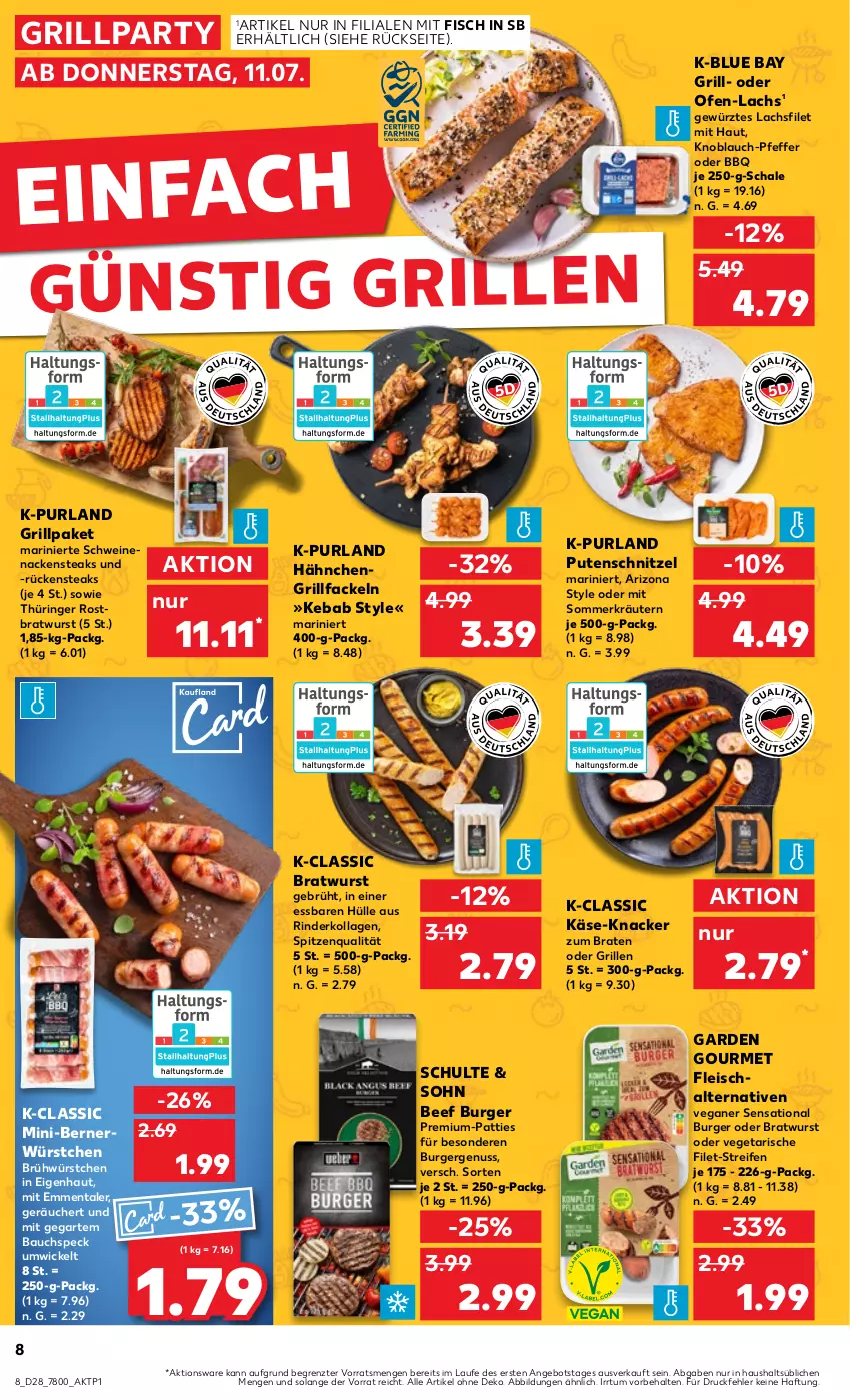 Aktueller Prospekt Kaufland - Prospekt - von 11.07 bis 17.07.2024 - strona 8 - produkty: angebot, Bau, beef, braten, bratwurst, burger, eis, emmentaler, filet, fisch, fleisch, Fleischalternative, garden gourmet, gewürz, grill, grillfackeln, Käse, knacker, knoblauch, Kollagen, kräuter, kräutern, lachs, lachsfilet, Nackensteak, nackensteaks, nuss, Ofen, pfeffer, purland, pute, putenschnitzel, reifen, rind, rinder, ring, rostbratwurst, Rückensteak, rückensteaks, Schal, Schale, schnitzel, schwein, schweine, schweinenacken, Speck, spitzenqualität, steak, steaks, thüringer rostbratwurst, Ti, Vegeta, wein, weine, WICK, wurst, würstchen, ZTE