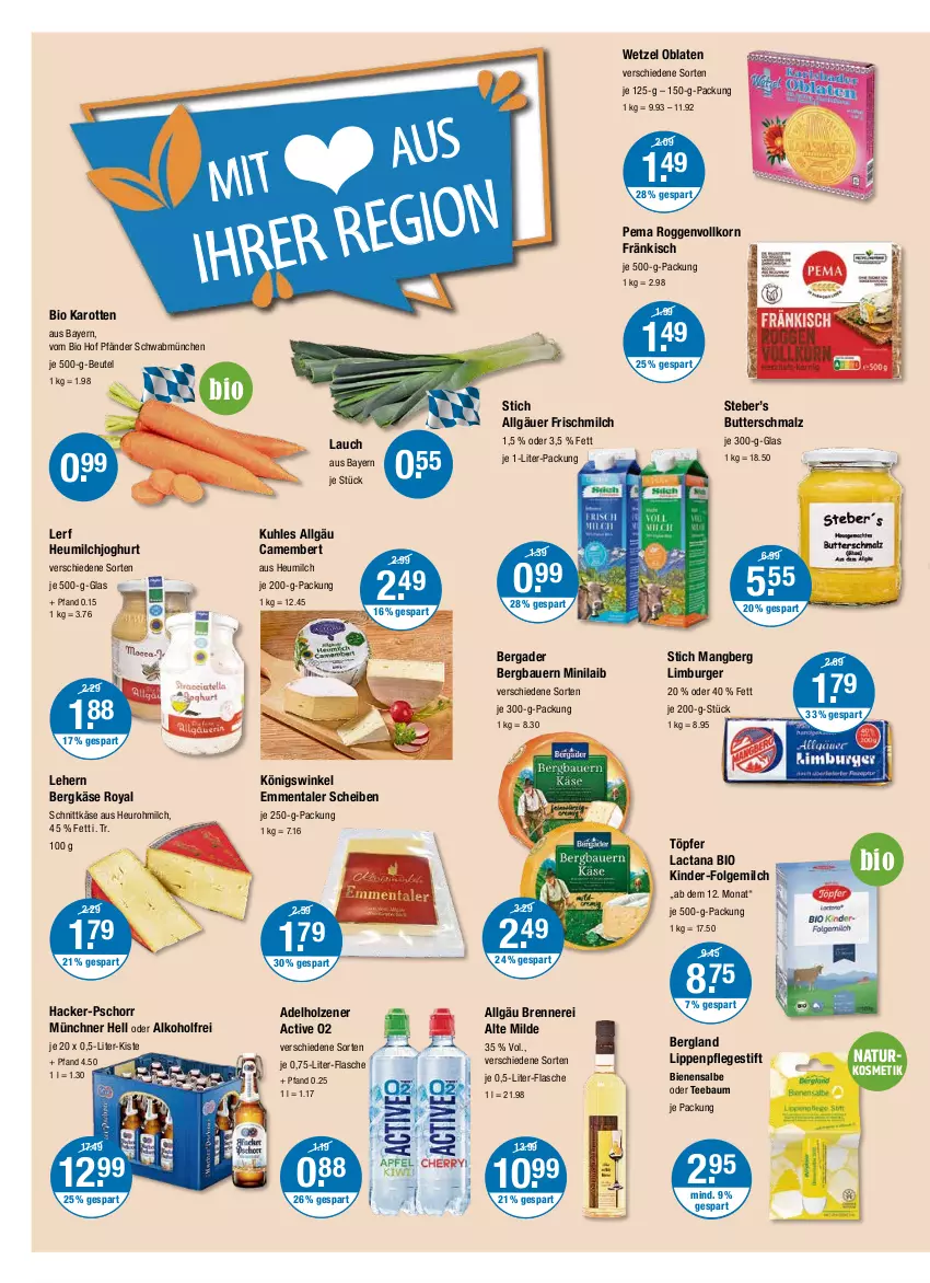 Aktueller Prospekt Vmarkt - V-Markt - von 29.09 bis 05.10.2022 - strona 12 - produkty: adelholzener, alkohol, auer, Bau, Bauer, bergader, Bergkäse, beutel, bio, burger, butter, Butterschmalz, camembert, emmentaler, flasche, folgemilch, gsw, Heu, heumilch, Holz, je 250-g-packung, joghur, joghurt, karotten, Käse, Kinder, korn, kosmetik, LG, Limburger, Lippenpflege, malz, milch, natur, Oblaten, Schmalz, schnittkäse, tee, Ti