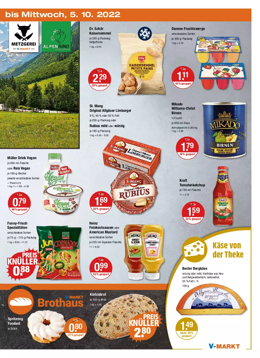 Aktueller Prospekt Vmarkt - V-Markt - von 29.09 bis 05.10.2022 - strona 23 - produkty: Becher, Bergkäse, Birnen, brot, burger, danone, danone fruchtzwerge, drink, eis, feinkost, flasche, frucht, fruchtzwerge, funny-frisch, gin, hartkäse, heinz, Heu, je 500-g-brot, Kaiser, Kaisersemmel, Käse, ketchup, kraft, Kürbis, LG, Limburger, mikado, milch, Müller, reis, ring, Rubius, sauce, saucen, Semmel, Spezi, St. Mang, Ti, tomate, tomaten, tomatenketchup, weidemilch