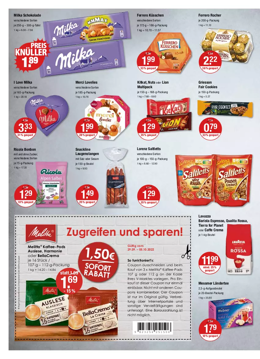 Aktueller Prospekt Vmarkt - V-Markt - von 29.09 bis 05.10.2022 - strona 8 - produkty: bellacrema, beutel, Brei, caffe, cola, cookie, cookies, coupon, coupons, eis, espresso, ferrero, Ferrero Küsschen, Ferrero Rocher, gin, griesson, kaffee, kaffee-pads, kitkat, Ländertee, Laugenstange, lavazza, lion, lorenz, melitta, merci, milka, milka schokolade, reis, Ricola, saltletts, salz, schoko, schokolade, sesam, snack, tee, Ti, zucker