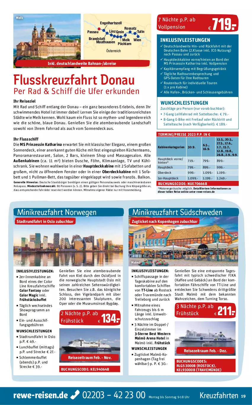 Aktueller Prospekt Rewe Reisen - Reiseprospekt - von 27.01 bis 24.02.2023 - strona 19 - produkty: bett, Betten, Brei, buch, decke, dusche, E-Bike, eier, eis, Elan, elle, Engel, ente, erde, Fahrrad, fanta, fenster, getränk, GPS, inklusivleistungen, kaffee, kreuzfahrten, küche, Küchen, kühlschrank, leine, LG, Persona, rama, reis, rel, rwe, SANTE, sattel, Schrank, Skulptur, Sofa, Tasche, Ti, uhr, Weste