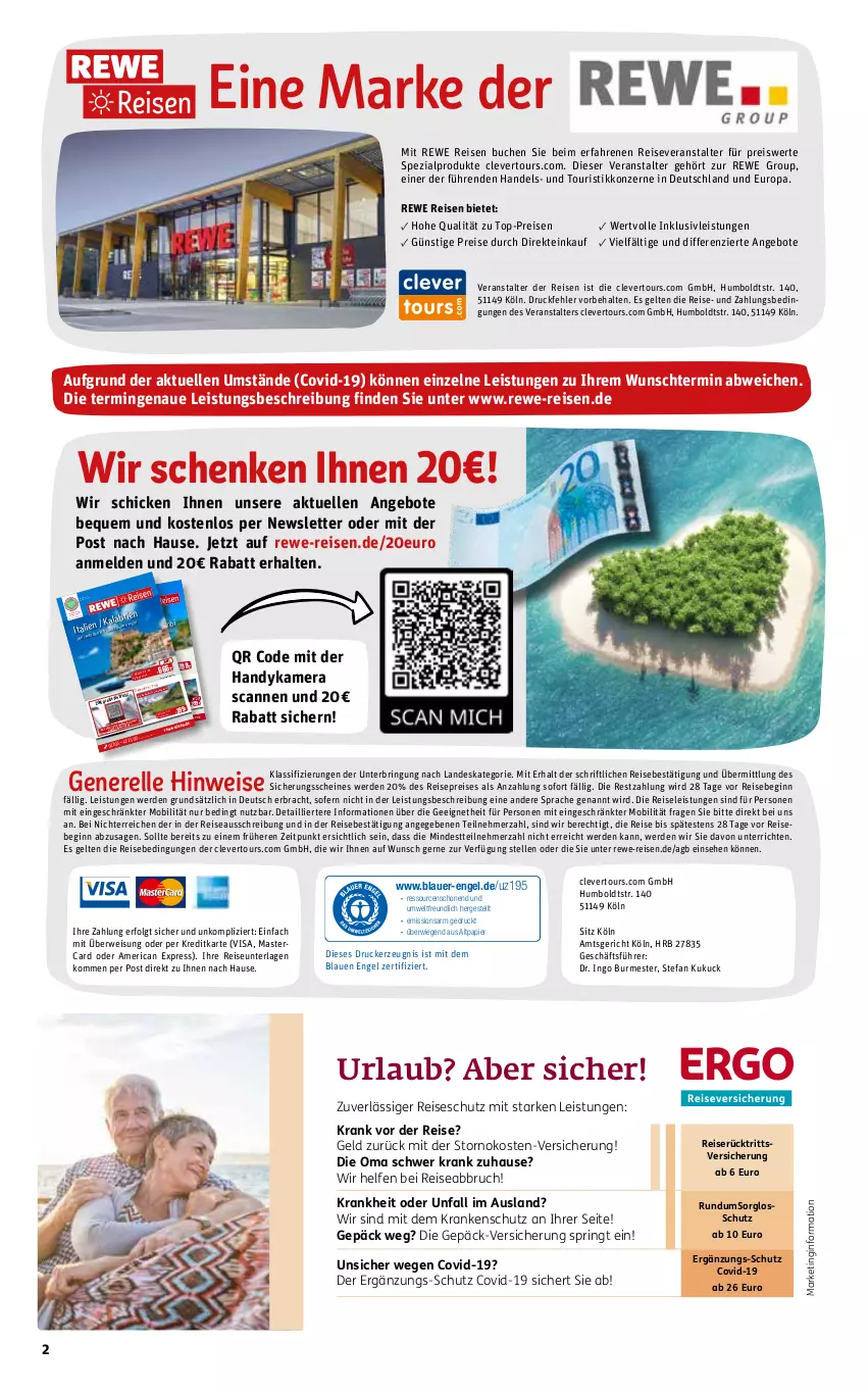 Aktueller Prospekt Rewe Reisen - Reiseprospekt - von 27.01 bis 24.02.2023 - strona 2 - produkty: alpro, angebot, angebote, auer, brie, buch, drucker, eier, eis, elle, Engel, erde, gin, Handy, inklusivleistungen, kamera, kerze, LG, mastercard, papier, reis, reiseveranstalter, rel, ring, Spezi, Ti, tisch, top-preis, uhr