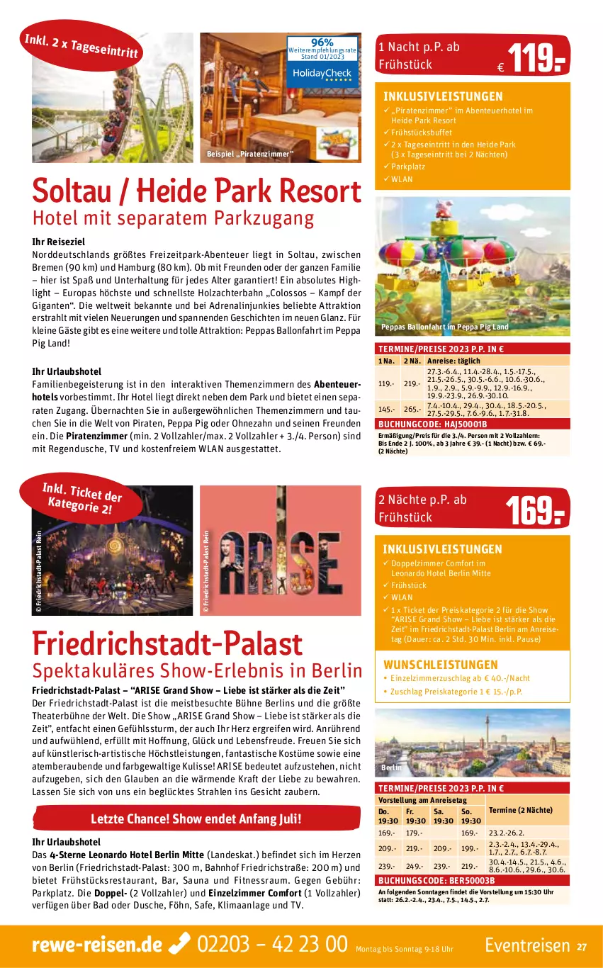 Aktueller Prospekt Rewe Reisen - Reiseprospekt - von 27.01 bis 24.02.2023 - strona 27 - produkty: asti, auer, Bad, ball, buch, dusche, eier, eis, ente, fanta, Holz, inklusivleistungen, kraft, leine, leonardo, LG, Peppa Pig, reifen, reis, Thea, Ti, tisch, uhr, ZTE