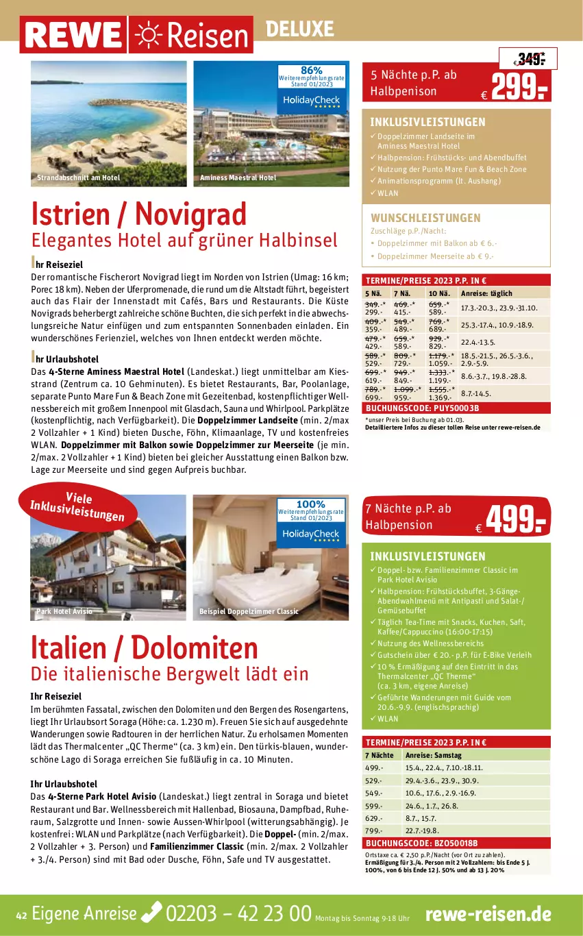 Aktueller Prospekt Rewe Reisen - Reiseprospekt - von 27.01 bis 24.02.2023 - strona 42 - produkty: antipasti, asti, axe, Bad, bio, buch, Cap, cappuccino, cin, dusche, E-Bike, eier, eis, ente, erde, fisch, fische, Fischer, Garten, gutschein, hero, inklusivleistungen, innenpool, kaffee, kuchen, natur, pool, reis, rosen, rum, saft, salat, salz, snack, snacks, Ti, tisch, uhr, wellnessbereich, Whirlpool