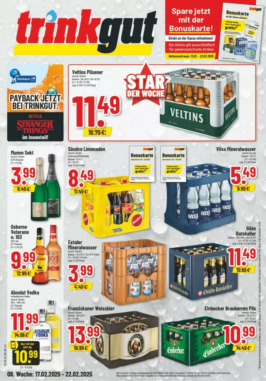 Aktueller Prospekt Trinkgut - Prospekte - von 16.02 bis 22.02.2025 - strona 1 - produkty: Absolut Vodka, Alwa, Bad, bier, eis, elle, flasche, franziskaner, limo, limonade, limonaden, mineralwasser, mumm, payback, pils, pilsener, sekt, sinalco, tee, Ti, veltins, veltins pilsener, vilsa, vodka, wasser, weissbier