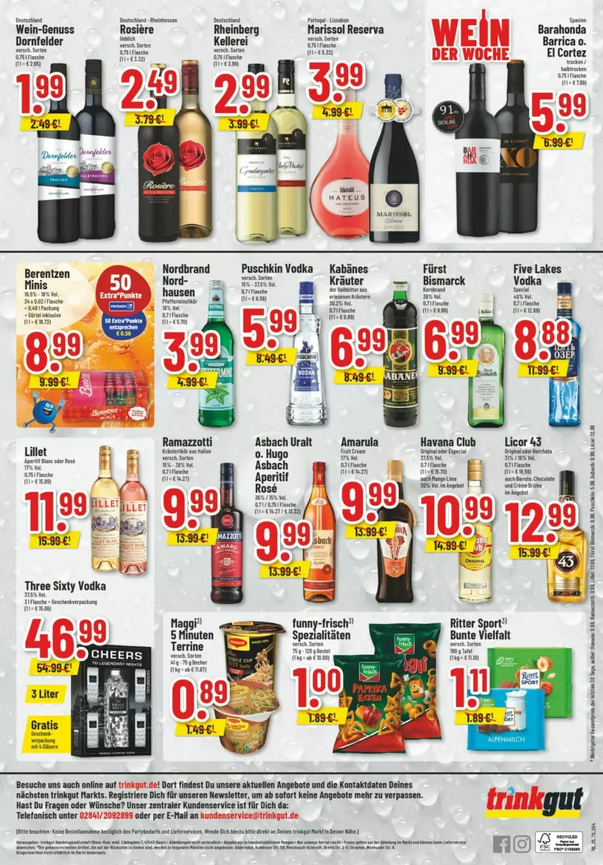 Aktueller Prospekt Trinkgut - Prospekte - von 16.02 bis 22.02.2025 - strona 6 - produkty: amarula, angebot, angebote, aperitif, asbach uralt, berentzen, bismarck, Cien, dornfelder, eier, elle, fisch, fische, flasche, Havana Club, hugo, korn, kräuter, licor, licor 43, lillet, nordbrand, nuss, olsen, puschkin vodka, rama, ramazzott, ramazzotti, ritter, ritter sport, rum, Spezi, Sport, telefon, terrine, Three Sixty, Ti, tuc, vodka, wein, Yo, zott