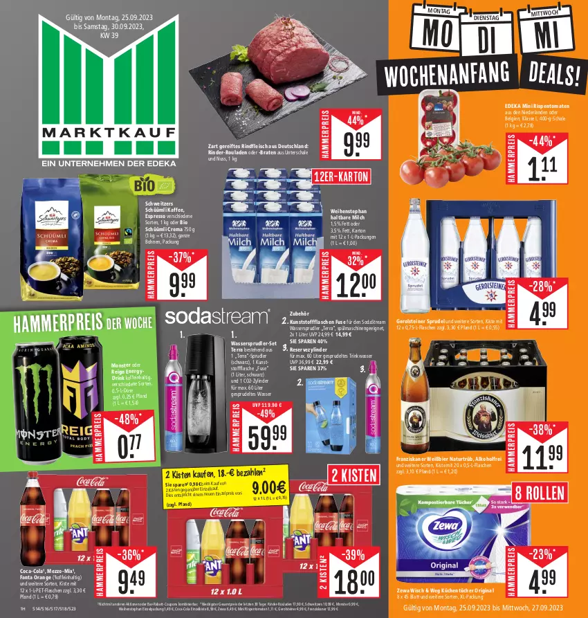 Aktueller Prospekt E Center - Angebote der Woche - von 25.09 bis 30.09.2023 - strona 1 - produkty: alkohol, bier, bio, bohne, bohnen, braten, coca-cola, cola, coupon, coupons, deka, drink, eis, espresso, fanta, flasche, fleisch, franziskaner, gerolsteine, gerolsteiner, gin, haltbare milch, kaffee, küche, Küchen, küchentücher, LG, milch, monster, natur, nuss, orange, pet-flasche, pet-flaschen, rabatt-coupon, reis, rind, rinder, rinder-rouladen, rindfleisch, rispentomaten, rouladen, Schal, Schale, Soda, sodastream, Sprudel, spülmaschinen, steiner, Ti, tomate, tomaten, tücher, wasser, wassersprudler, weihenstephan, zewa, ZTE