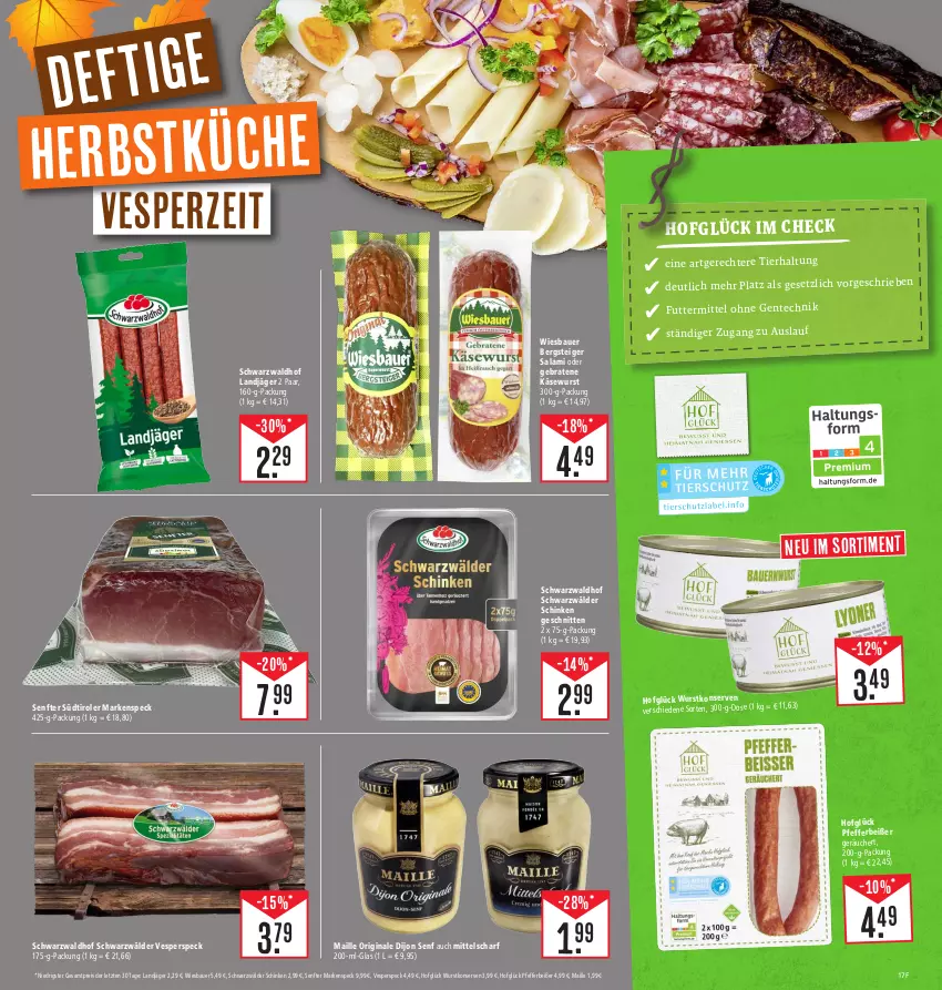 Aktueller Prospekt E Center - Angebote der Woche - von 25.09 bis 30.09.2023 - strona 21 - produkty: auer, Bau, Bauer, braten, Dijon Senf, eis, ente, gin, Käse, Käsewurst, Konserven, küche, landjäger, maille, pfeffer, Pfefferbeißer, reis, salami, schinken, schnitten, schwarzwälder schinken, senf, Speck, südtiroler, Ti, wiesbauer, wurst, wurstkonserven, ZTE