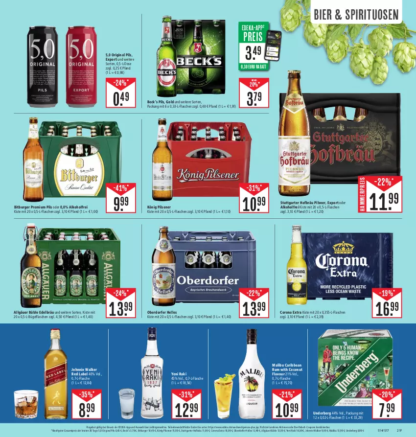 Aktueller Prospekt E Center - Angebote der Woche - von 25.09 bis 30.09.2023 - strona 25 - produkty: alkohol, angebot, bier, bitburger, bügel, bügelflasche, burger, coconut, corona, corona extra, coupon, coupons, deka, eis, elle, flasche, gin, johnnie walker, könig pilsener, LG, Malibu, nuss, pils, pilsener, pilsner, premium pils, rabatt-coupon, reis, rum, spirituosen, Ti, underberg, yeni raki, ZTE