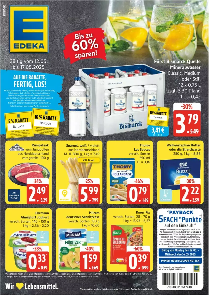 Aktueller Prospekt Edeka - Prospekte - von 12.05 bis 17.05.2025 - strona 1 - produkty: almighur, almighurt, Alwa, bismarck, bolognese, buch, coupon, deutscher schnittkäse, elle, guthabenkarte, gutschein, gutscheine, Käse, lebensmittel, milch, milram, mineralwasser, payback, schnittkäse, spaghetti, spargel, telefon, Ti, wasser, ZTE