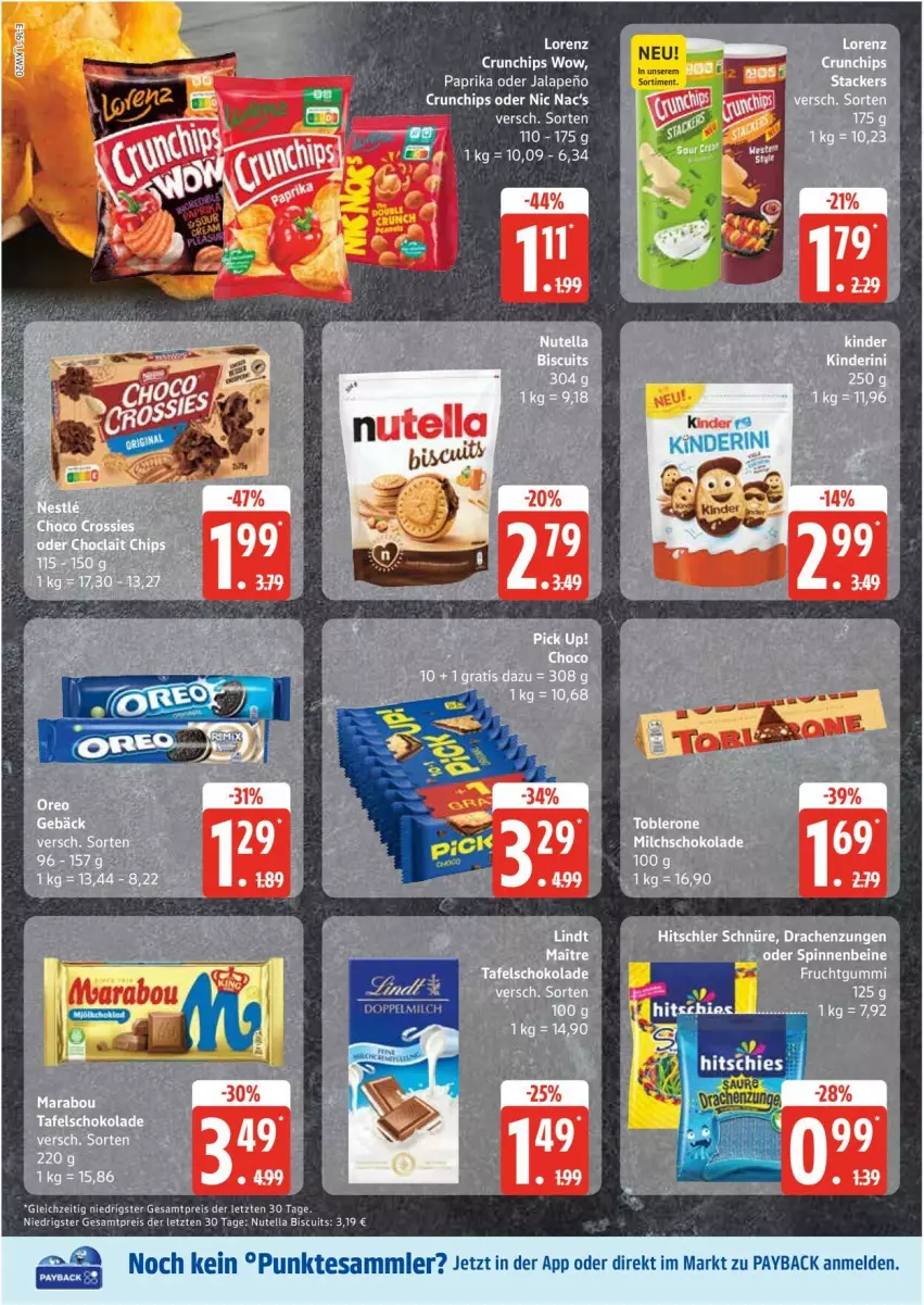 Aktueller Prospekt Edeka - Prospekte - von 12.05 bis 17.05.2025 - strona 16 - produkty: bier, chips, crunchips, eis, frucht, fruchtgummi, Kinder, lindt, lorenz, lorenz crunchips, Marabou, milch, nutella, paprika, payback, reis, schoko, schokolade, tafelschokolade, tee, tesa, Ti, toblerone, ZTE
