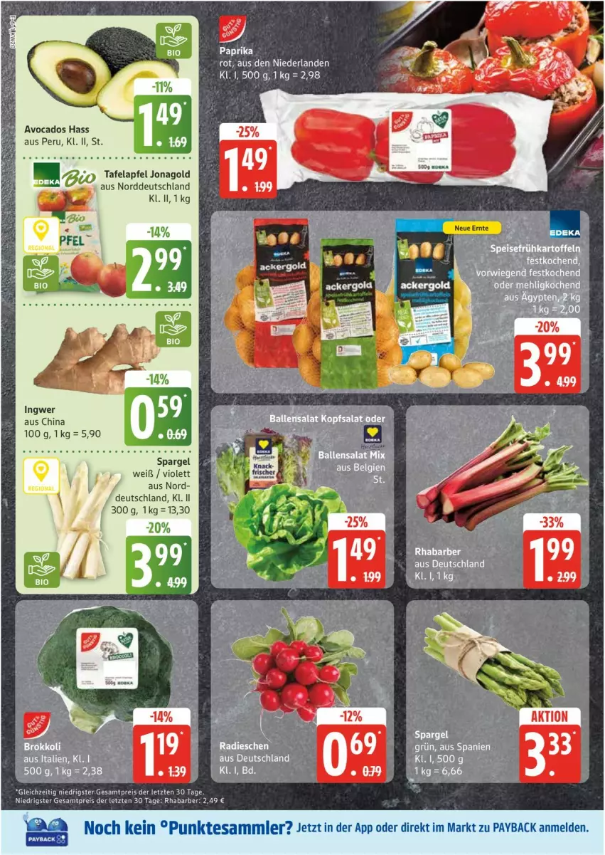 Aktueller Prospekt Edeka - Prospekte - von 12.05 bis 17.05.2025 - strona 6 - produkty: apfel, avocado, avocados, brokkoli, eis, ingwer, payback, reis, rhabarber, spargel, tesa, Ti, ZTE