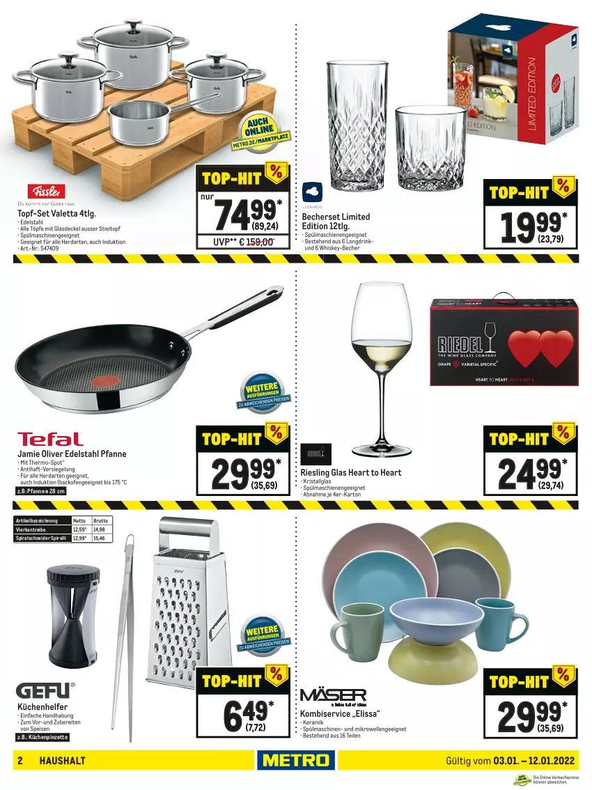 Aktueller Prospekt Metro - NonFood - von 03.01 bis 12.01.2022 - strona 2 - produkty: backofen, Becher, brut, decke, Deckel, drink, edelstahl, eis, elle, Glasdeckel, herdarten, Kombiservice, küche, Küchen, Küchenhelfer, LG, mikrowelle, Ofen, olive, pfanne, Pinzette, rel, riesling, Spiralschneider, spülmaschinen, Ti, topf, topf-set, whiskey