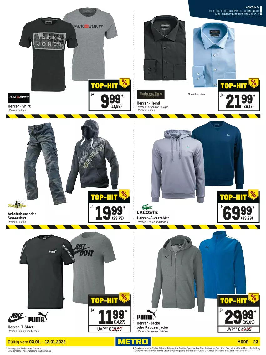 Aktueller Prospekt Metro - NonFood - von 03.01 bis 12.01.2022 - strona 23 - produkty: dell, eis, elle, Fahrrad, heimtextilien, hemd, herren-hemd, herren-t-shirt, hose, Jacke, Kapuzenjacke, kleid, Kleidung, Mode, reis, schuhe, shirt, Spiele, Sport, Sweatshirt, T-Shirt, teller, Ti