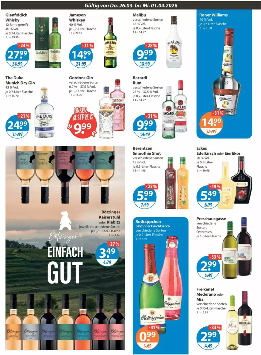Aktueller Prospekt Vmarkt - Prospekte - von 26.03 bis 01.04.2026 - strona 10 - produkty: bacardi, bacardi rum, berentzen, dry gin, eier, eierlikör, flasche, freixenet, gin, gordon, gordons, jameson, je 1-liter-flasche, Kaiser, kirsch, likör, Malibu, rum, smoothie, stuhl, Ti, whiskey, whisky