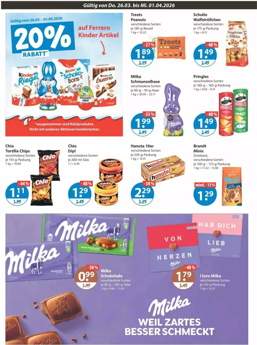 Aktueller Prospekt Vmarkt - Prospekte - von 26.03 bis 01.04.2026 - strona 12 - produkty: beutel, brandt, chips, dip, ferrero, hanuta, Kinder, milka, pringles, ring, Ti, tortilla, Tortilla Chips, Waffelröllchen