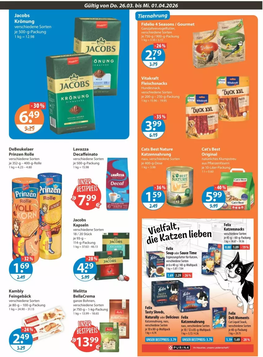 Aktueller Prospekt Vmarkt - Prospekte - von 26.03 bis 01.04.2026 - strona 13 - produkty: bellacrema, bestpreis, bohne, bohnen, caffe, debeukelaer, Duck, eier, eis, felix, jacobs, katzennahrung, lavazza, melitta, natur, natura, prinzen rolle, reis, sauce, snack, Ti