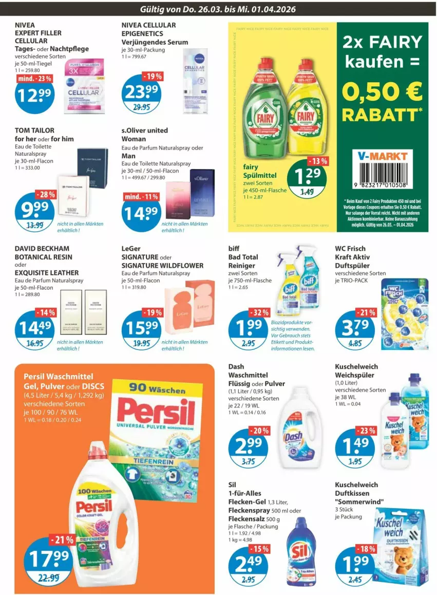 Aktueller Prospekt Vmarkt - Prospekte - von 26.03 bis 01.04.2026 - strona 15 - produkty: Bad, biff, bio, biozidprodukte, coupon, coupons, David Beckham, Duftkissen, Eau de parfum, eau de toilette, fairy, flasche, kissen, kraft, Kuschelweich, nachtpflege, natur, natura, nivea, olive, parfum, Rauch, reiniger, rum, rwe, s.oliver, salz, Serum, spülmittel, Ti, tom tailor, universal pulver, waschmittel, wc frisch, WC Frisch Kraft Aktiv, weichspüler, Wild