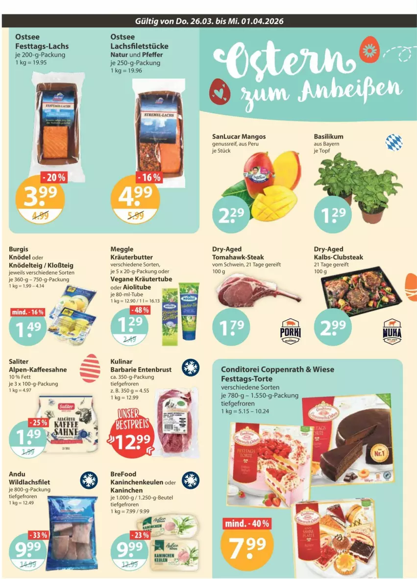 Aktueller Prospekt Vmarkt - Prospekte - von 26.03 bis 01.04.2026 - strona 16 - produkty: aioli, basilikum, beutel, Bref, butter, coppenrath, ente, Entenbrust, filet, filets, je 250-g-packung, kaffee, Kaninchenkeule, Knödel, Knödelteig, kräuter, kräuterbutter, lachs, lachsfilet, lachsfilets, mango, mangos, meggle, natur, nuss, pfeffer, sahne, saliter, schwein, steak, Ti, topf, torte, wein, Wild, wildlachs
