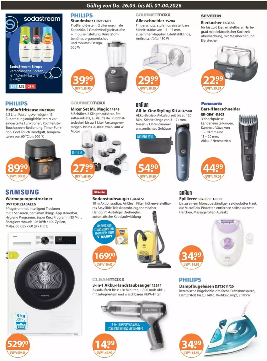 Aktueller Prospekt Vmarkt - Prospekte - von 26.03 bis 01.04.2026 - strona 22 - produkty: akku, akku-handstaubsauger, auto, Becher, Behälter, bodenstaubsauger, braun, bügel, Bügeleisen, cleanmaxx, dampfbügeleisen, decke, Deckel, edelstahl, eier, Eierkocher, eis, Elektro, fenster, fritteuse, gourmetmaxx, haarschneider, handstaubsauger, Heißluftfritteuse, HP, Intel, Kocher, latte, Messbecher, Mixer, Philips, Pinzette, Rauch, Samsung, severin, sirup, Soda, sodastream, standmixer, staubsauger, Teleskop, Ti, timer, tisch, touchscreen, Trockner, Vakuumierer, wärmepumpentrockner, wasser, WICK