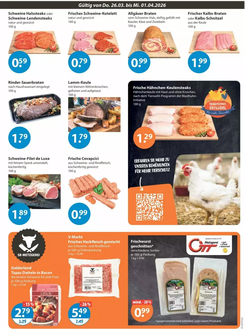 Aktueller Prospekt Vmarkt - Prospekte - von 26.03 bis 01.04.2026 - strona 3 - produkty: auer, braten, cevapcici, eis, filet, fleisch, Frische Hähnchen, gewürz, Käse, kotelett, küche, Küchen, lamm, leine, LG, natur, rind, rinder, rindfleisch, salami, schinken, schnitzel, schwein, schweine, schweine-filet, Speck, steak, steaks, Ti, wein, weine, WICK, wurst, zwiebel, zwiebeln