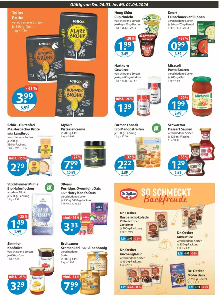 Aktueller Prospekt Vmarkt - Prospekte - von 26.03 bis 01.04.2026 - strona 9 - produkty: Becher, beutel, bio, Brei, brot, creme, dessert, Dr. Oetker, eimer, eis, feinschmecker, flasche, gewürz, hafer, haferflocken, honig, knorr, konfitüre, korn, kuchen, LG, mango, mangos, Meister, milch, miracoli, nudel, nudeln, pasta, Pasta Sauce, pistazien, porridge, reifen, sauce, saucen, schoko, schokolade, Schwartau, sim, snack, suppe, suppen, vollmilch