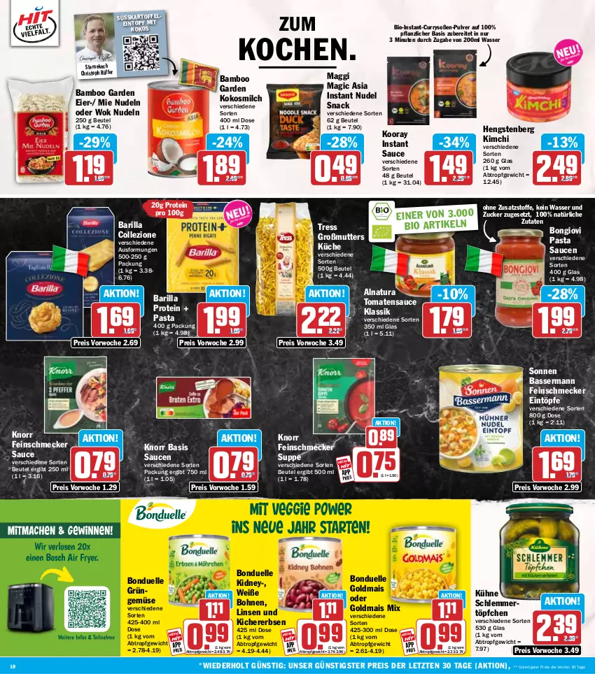 Aktueller Prospekt Hit - Wochenprospekt - von 12.01 bis 17.01.2026 - strona 10 - produkty: bamboo, barilla, beutel, bio, bohne, bohnen, bonduelle, bonduelle goldmais, curry, eier, eintopf, eintöpfe, eis, elle, erbsen, feinschmecker, Goldmais, goldmais oder, hengstenberg, kartoffel, kichererbsen, kidney, knorr, kokos, kokosmilch, küche, Kühne, linsen, maggi, mais, milch, natur, natura, nudel, nudeln, pasta, Pasta Sauce, reis, sauce, saucen, schlemmertöpfchen, snack, Soße, suppe, Ti, tomate, tomaten, tomatensauce, topf, Töpfchen, wasser, Weiße Bohnen, wok, ZTE, zucker