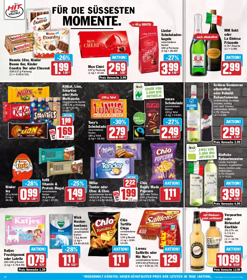 Aktueller Prospekt Hit - Wochenprospekt - von 12.01 bis 17.01.2026 - strona 12 - produkty: alkohol, beutel, bio, bonbons, chips, eier, eierlikör, eis, ente, flasche, frizzante, frucht, fruchtgummi, hanuta, himbeer, Hustenbonbons, katjes, Kinder, kinder bueno, kinder country, kitkat, Kugel, La Gioiosa, Lakritz, likör, lindor, lion, lorenz, milka, Mon Chéri, oder lakritz, popcorn, rebsortenweine, reis, riegel, saltletts, schoko, schokolade, schokoladen, sekt, smarties, tender, Ti, tortilla, Tortilla Chips, verpoorten, vita, wein, weine, WICK, Wild, ZTE, zucker
