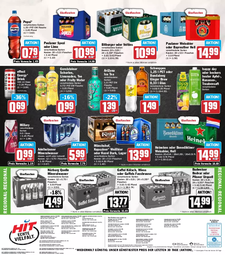 Aktueller Prospekt Hit - Wochenprospekt - von 12.01 bis 17.01.2026 - strona 19 - produkty: adelholzener, Alwa, angebot, angebote, apfel, auer, Bad, banane, bananen, Beckers Bester, Benediktiner, bier, bio, bitburger, braun, brause, budweiser, Bundaberg, burger, drink, Effect, eimer, eis, elle, Engel, fassbrause, fisch, flasche, gerolsteine, gerolsteiner, gin, ginger, glasflasche, Happy Day, heineken, Holz, ice tea, Kozel, limo, limonade, limonaden, Lübecker, mineralwasser, Mineralwasser Classic, Mixer, mixery, mönchshof, natur, Paula, paulaner, pepsi, pils, pilsner, pilsner urquell, Rauch, reis, rel, saft, schorle, schweppes, Spezi, steiner, tee, Ti, trauben, Traubensaft, uhr, veltins, wasser, weissbier, ZTE