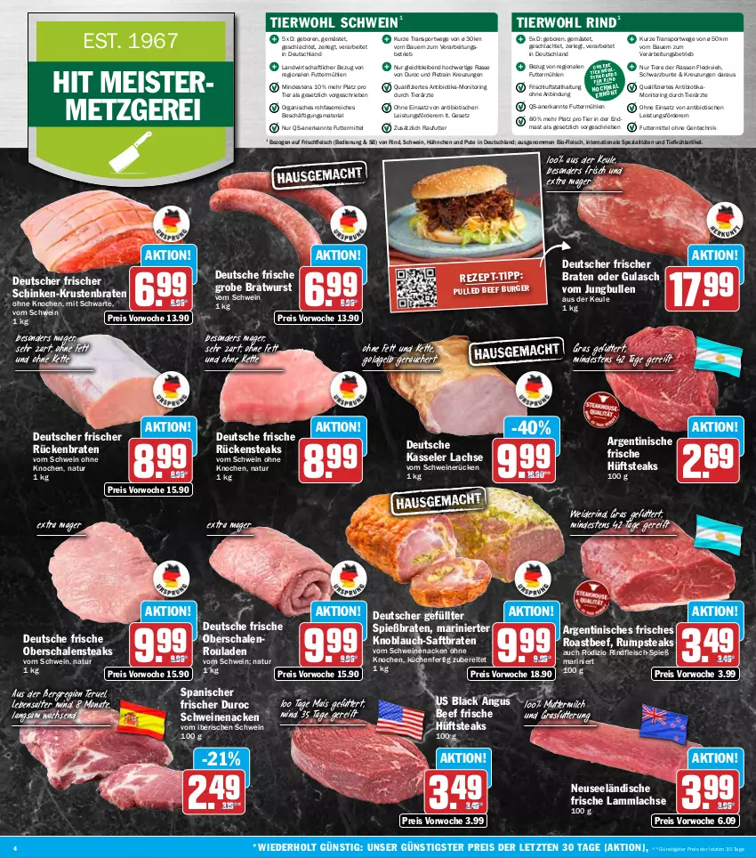 Aktueller Prospekt Hit - Wochenprospekt - von 12.01 bis 17.01.2026 - strona 4 - produkty: auer, Bau, Bauer, beef, bio, braten, bratwurst, burger, eis, ente, fleisch, Geflügel, grobe bratwurst, gulasch, hüftsteak, hüftsteaks, jungbullen, kasseler, Kette, knoblauch, krustenbraten, küche, Küchen, lachs, lack, lamm, lammlachse, mais, Meister, milch, monitor, natur, Oberschalenrouladen, pute, reis, Ria, rind, rindfleisch, ring, roastbeef, rouladen, Rückenbraten, Rückensteak, rückensteaks, rum, rumpsteak, saft, Schal, Schale, schinken, schwein, schweine, schweinenacken, schweinerücken, Spezi, Sport, steak, steaks, Ti, Tiere, tisch, vom schweinenacken, wein, weine, wurst, ZTE