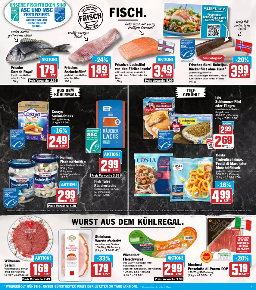 Aktueller Prospekt Hit - Wochenprospekt - von 12.01 bis 17.01.2026 - strona 7 - produkty: aqua, aufschnitt, aus dem kühlregal, braten, braun, Dorade, dorade royal, eis, feldsalat, filegro, filet, fisch, Fisch und Meeresfrüchte, fische, Fischer, fischtheke, fleisch, fleischwurst, frischfisch, früchte, frutti di mare, Geflügel, gin, grill, Hähnchenfleisch, homann, ideal zum grillen, iglo, knoblauch, kühlregal, lachs, lachsfilet, mac, marinade, meeresfrüchte, mit knoblauch, montorsi, natur, Ofen, pfanne, prosciutto, Prosciutto di Parma, Räucherlachs, regal, reis, ring, salami, salat, Schere, schlemmer-filet, seelachsfilet, steinhaus, Ti, Tintenfischringe, tisch, wiesenhof, wiltmann, wurst, ZTE