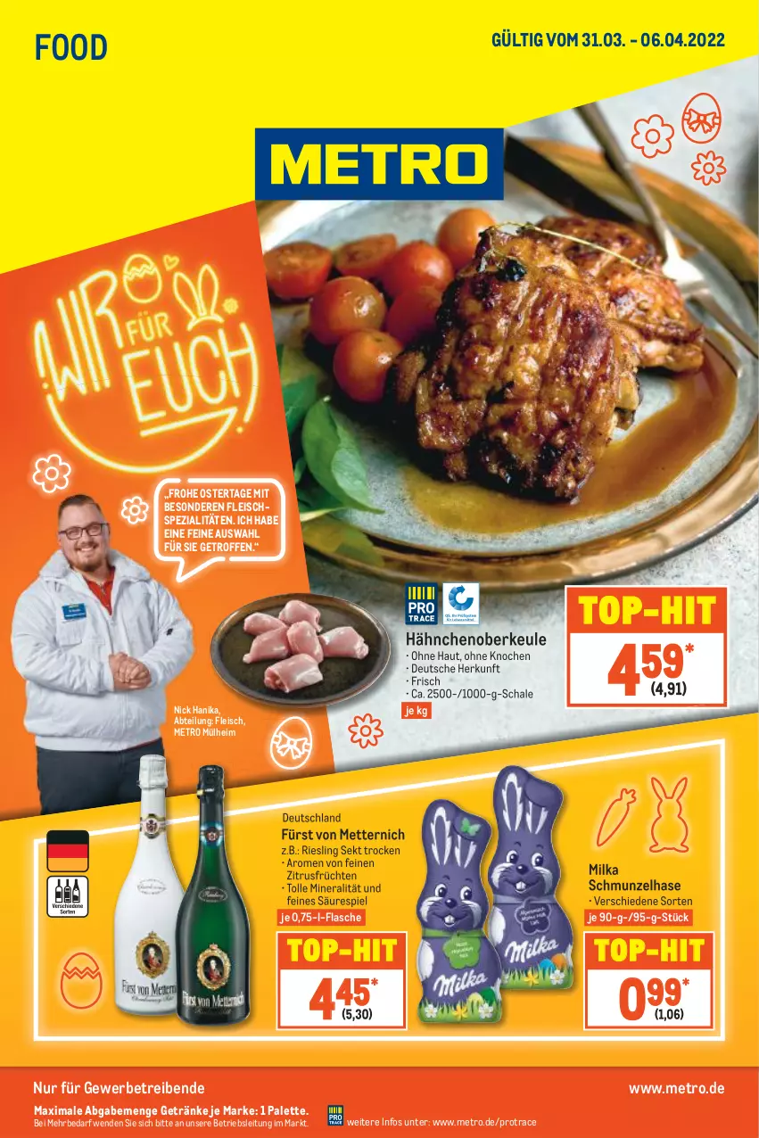 Aktueller Prospekt Metro - Food - von 31.03 bis 06.04.2022 - strona 1 - produkty: Abtei, eis, flasche, fleisch, früchte, früchten, fürst von metternich, getränk, getränke, Metro, Mett, metternich, milka, Palette, riesling, Schal, Schale, sekt, Spezi, Ti, top-hit