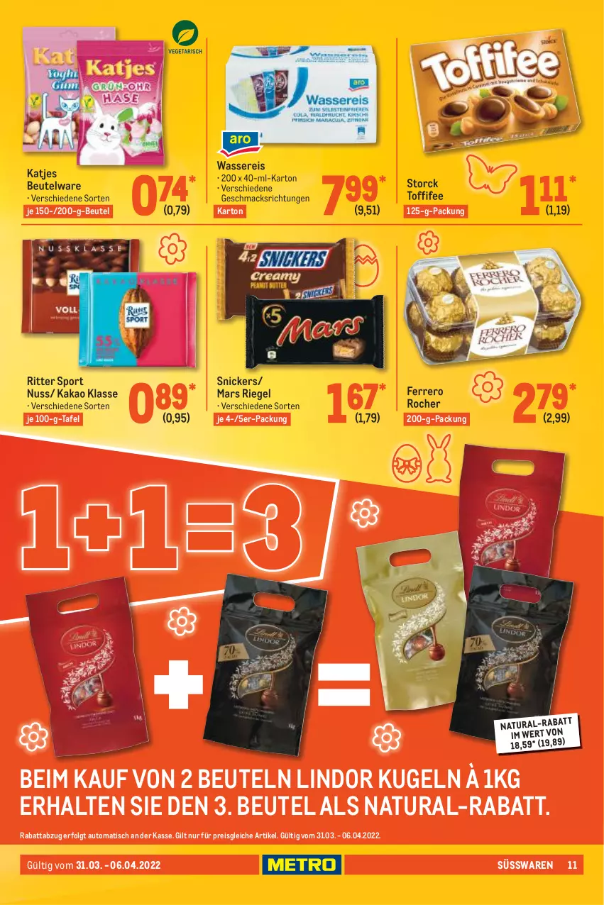 Aktueller Prospekt Metro - Food - von 31.03 bis 06.04.2022 - strona 11 - produkty: auto, beutel, eis, ferrero, Ferrero Rocher, kakao, katjes, Kugel, LG, lindor, mac, mars, natur, natura, nuss, reis, riegel, ritter, ritter sport, snickers, Sport, storck, süsswaren, Ti, tisch, toffifee, wasser, wassereis