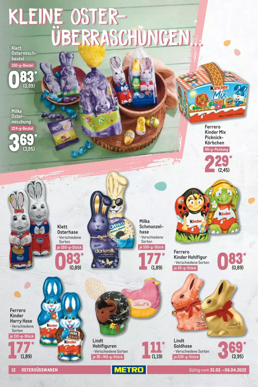 Aktueller Prospekt Metro - Food - von 31.03 bis 06.04.2022 - strona 12 - produkty: beutel, ferrero, Kinder, Körbchen, lindt, milka, süsswaren, Ti