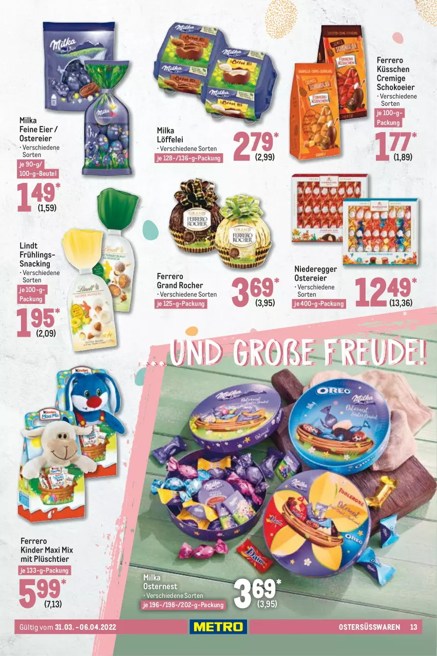 Aktueller Prospekt Metro - Food - von 31.03 bis 06.04.2022 - strona 13 - produkty: beutel, Egger, eier, ferrero, Ferrero Küsschen, Kinder, Kinder Maxi, lindt, Löffel, milka, Plüsch, schoko, snack, süsswaren, Ti