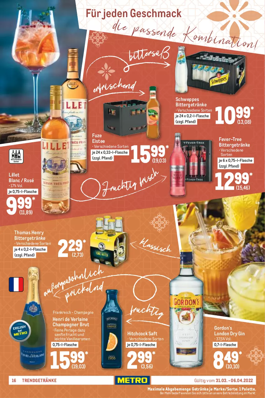 Aktueller Prospekt Metro - Food - von 31.03 bis 06.04.2022 - strona 16 - produkty: brut, champagne, champagner, dry gin, eis, eistee, fever-tree, flasche, frucht, getränk, getränke, gin, gordon, Henri de Verlaine, lillet, london dry, london dry gin, Palette, perla, saft, schweppes, tee, thomas henry, Ti, vanille