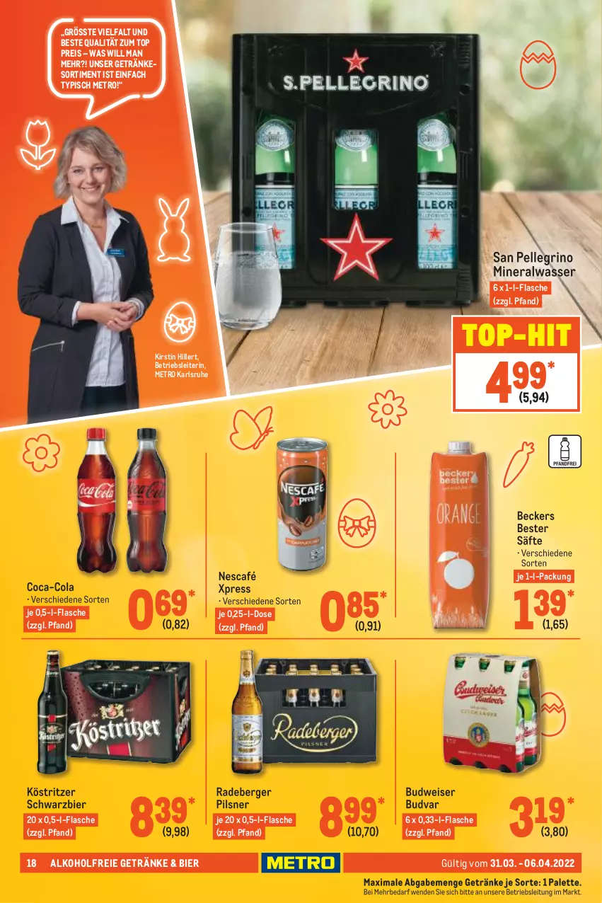 Aktueller Prospekt Metro - Food - von 31.03 bis 06.04.2022 - strona 18 - produkty: alkohol, alkoholfreie getränke, Alwa, Beckers Bester, Berger, bier, budweiser, coca-cola, cola, eis, elle, flasche, getränk, getränke, köstritzer, Metro, mineralwasser, Nescafé, Palette, pils, pilsner, radeberger, radeberger pilsner, reis, säfte, san pellegrino, Ti, top-hit, wasser